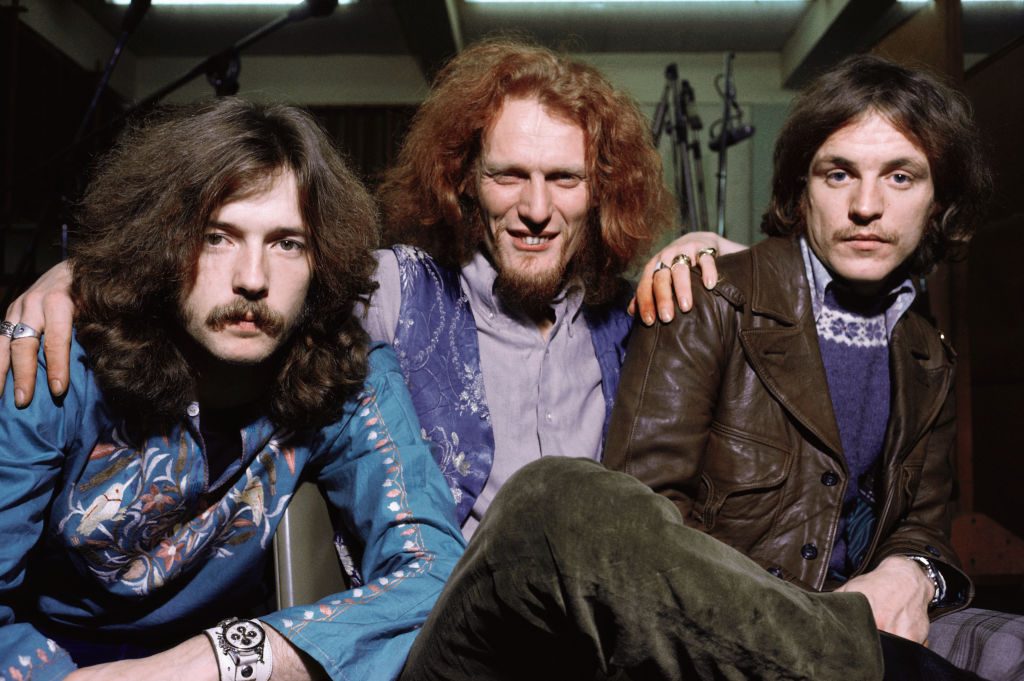 Rock band Cream poses for a portrait in February 1968 in New York City, New York. L-R: Eric Clapton, Ginger Baker, Jack Bruce