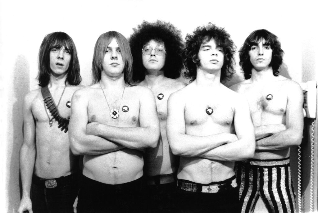 The rock group MC5 (L-R Fred "Sonic" Smith, Dennis "Machine Gun" Thompson, Rob Tyner, Wayne Kramer and Michael Davis) pose for a photo in 1969 in Ann Arbor, Michigan. They are all wearing White Panther Party pins