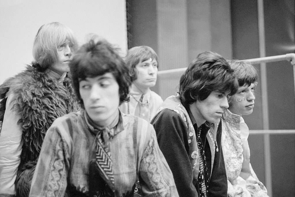 The Rolling Stones pose during recording sessions for "Their Satanic Majesties Request." Pictured are (from left to right): Brian Jones, Bill Wyman, Charlie Watts, Keith Richards, and Mick Jagger
