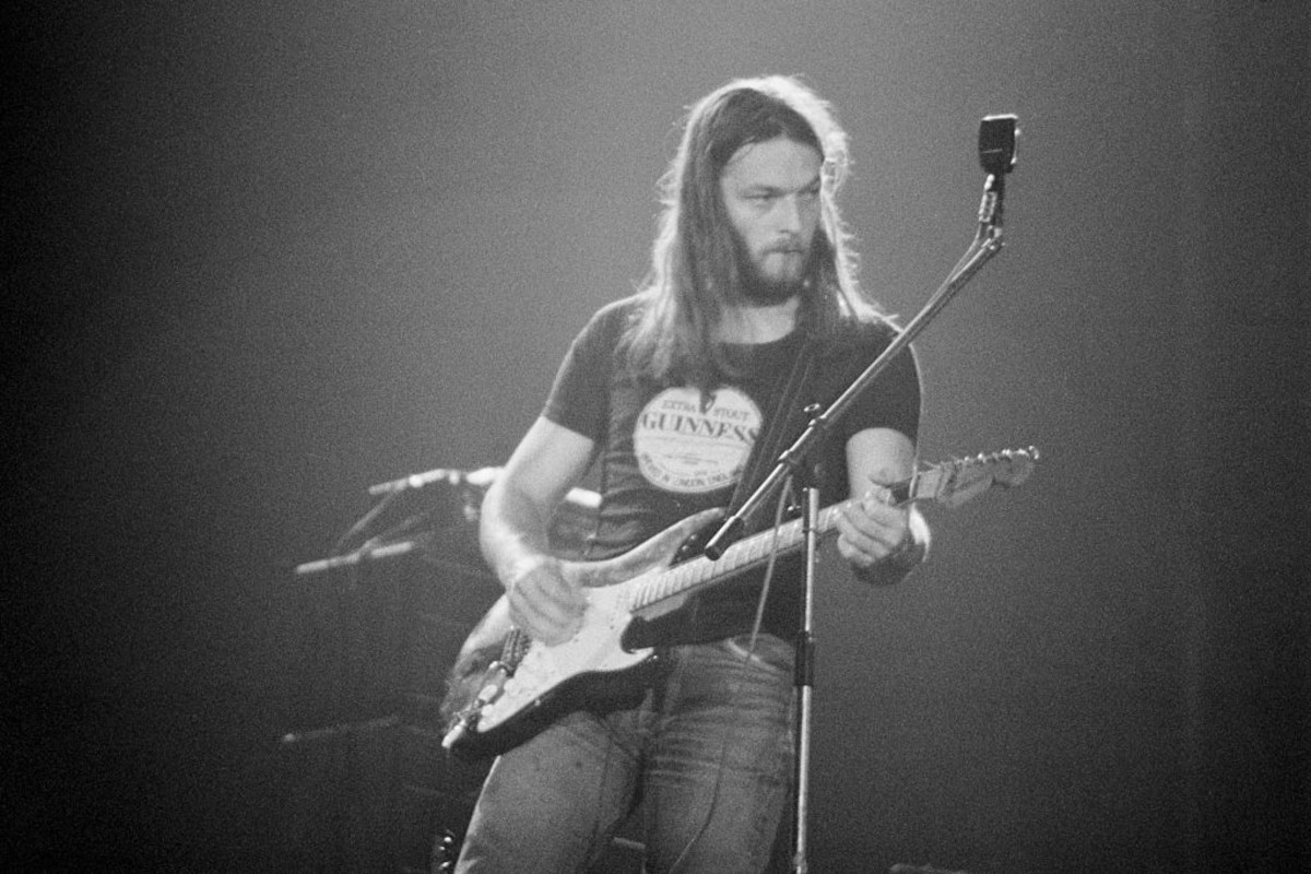 Pink Floyd's David Gilmour playing guitar on stage during a concert in France, 1974
