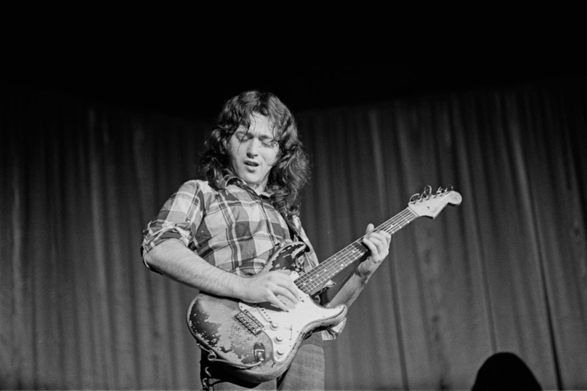 Rory Gallagher performs live on stage in Leicester, February 1973