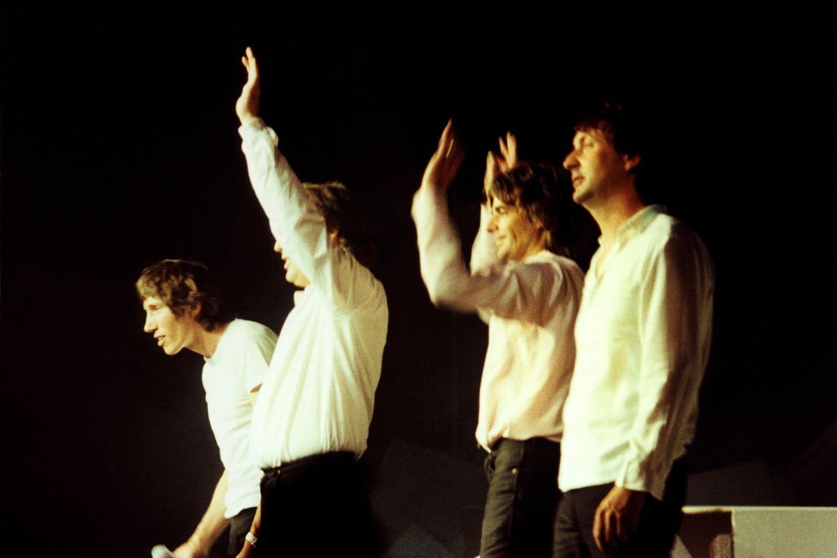 Pink Floyd, L to R: Roger Waters, David Gilmour, Rick Wright, Nick Mason, onstage at The Wall concert, Earls Court, London, 16 June 1981