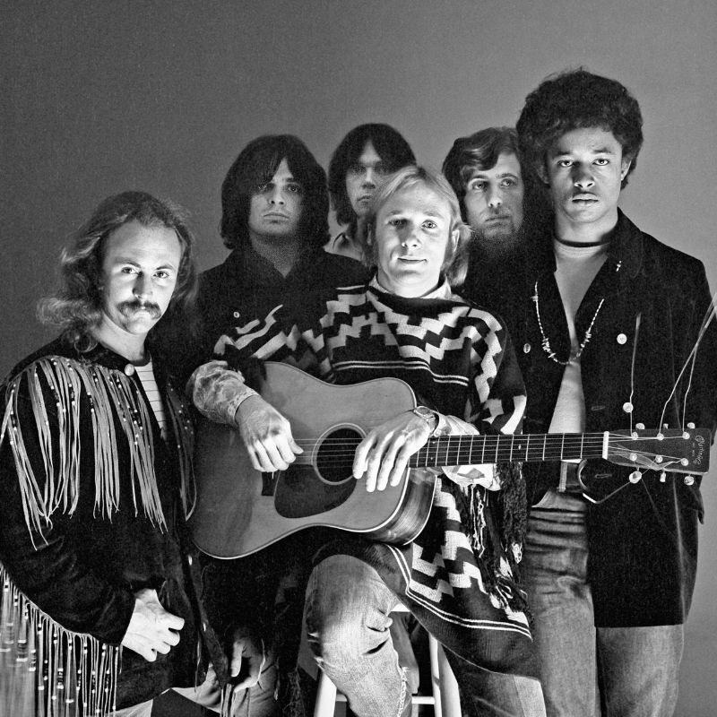Portrait of the music group Crosby, Stills, Nash, and Young, early 1970s. Pictured are, from left, David Crosby, Dallas Taylor, Neil Young, Stephen Stills, Graham Nash, and Greg Reeves