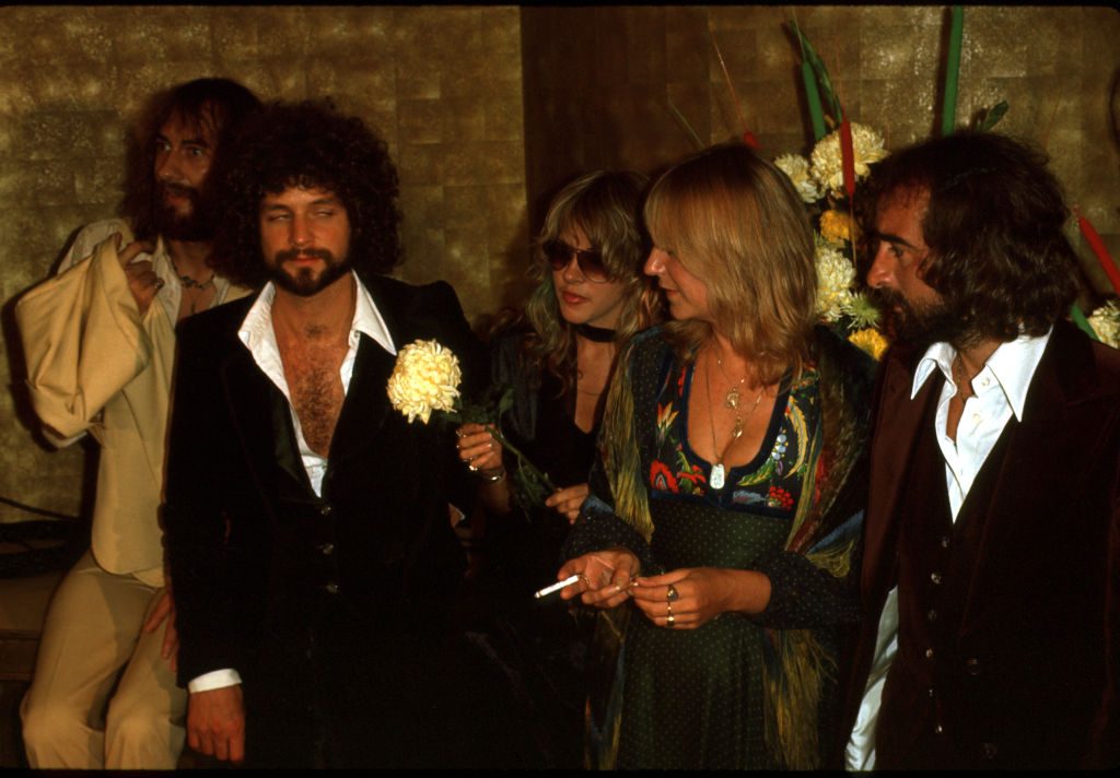 Fleetwood Mac at an event, 1977. L-R Mick Fleetwood, Lindsey Buckingham, Stevie Nicks, Christine McVie and John McVie