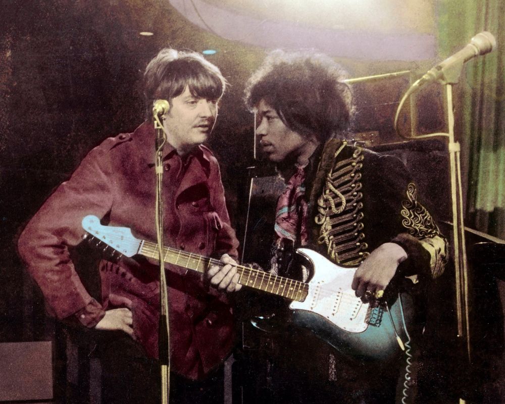 Jimi Hendrix with his manager Chas Chandler, during the filming of German TV Sshow 'Beat Club', March 2 1967