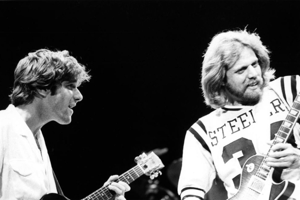 Glenn Frey and Don Felder performing on stage with The Eagles, 1979