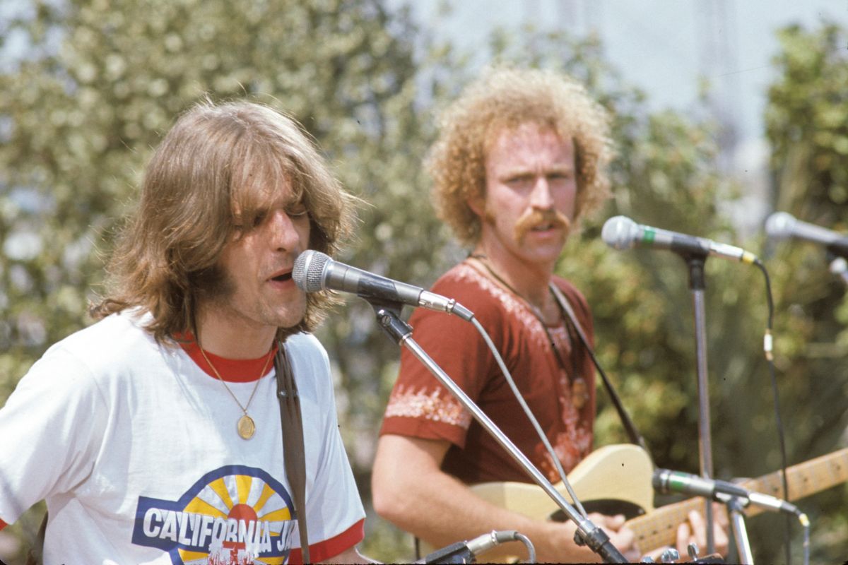 Glenn Frey (left) and Bernie Leadon of the Eagles at the California Jam rock festival, 1974