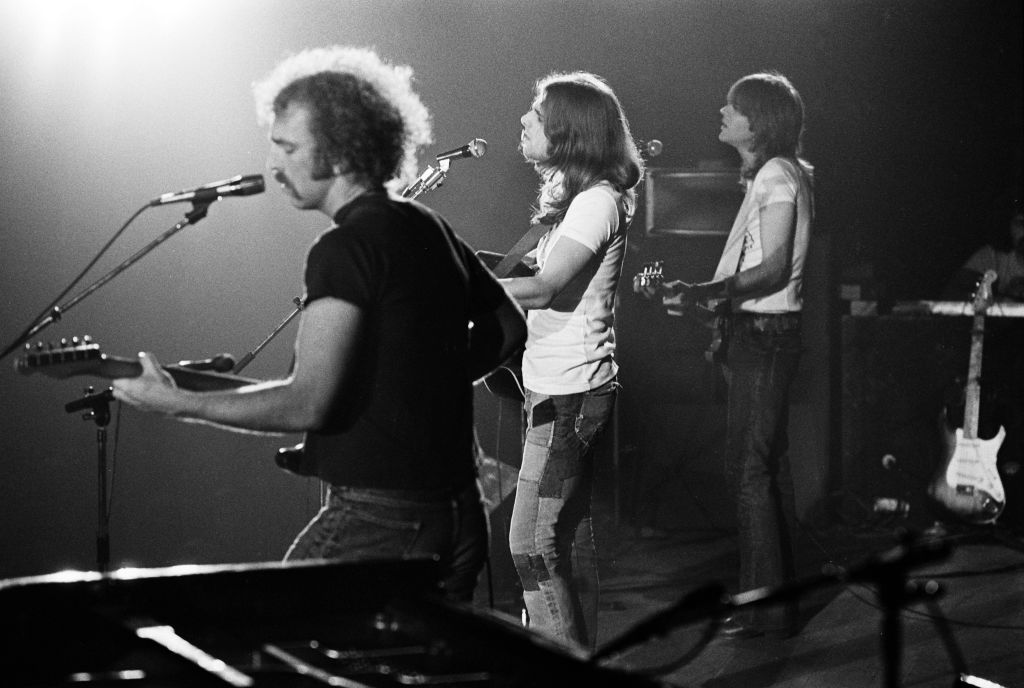 Eagles on stage at Concertgebouw in Amsterdam, Netherlands, 1972. Left to right: Bernie Leadon, Glenn Frey and Randy Meisner