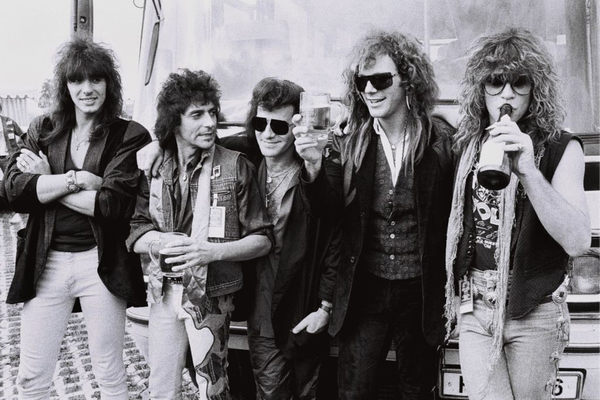Bon Jovi backstage at the Monsters Of Rock festival, 1986. L-R. Richie Sambora, Alex John Such, Tico Torres, David Bryan, Jon Bon Jovi
