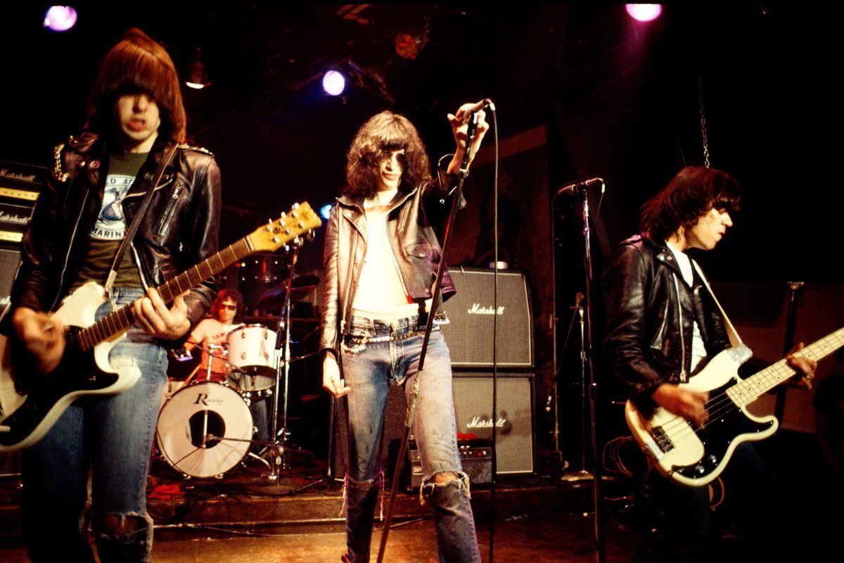 The Ramones, punk band, 1977. L-R. Johnny Ramone,Tommy Ramone, Joey Ramone, Dee Dee Ramone