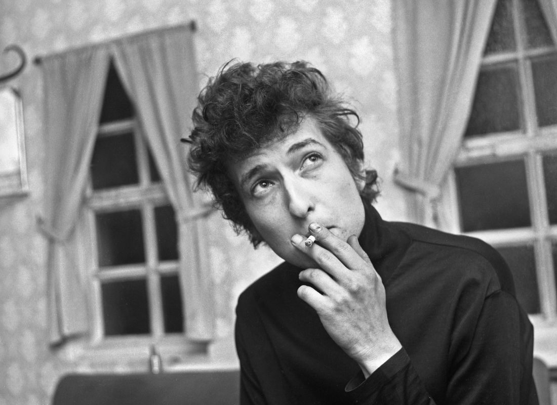 American folk singer Bob Dylan pictured backstage at De Montfort Hall on his visit to Leicester, 2nd May 1965