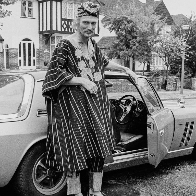 Drummer Ginger Baker wearing traditional African robes, pictured during the promotion of the 'Sunday Omnibus' showing of his documentary 'Ginger Baker in Africa', June 1973