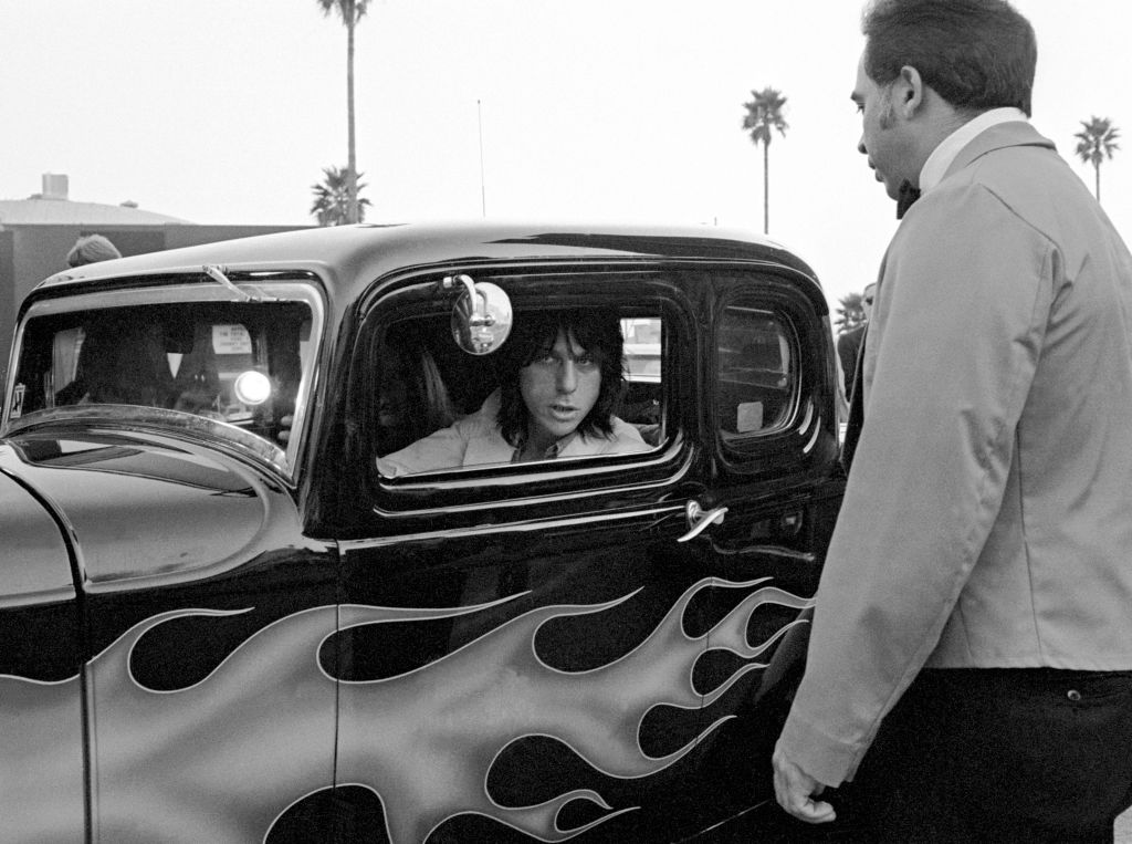 Jeff Beck arriving at the 3rd Annual Rock Awards, The Palladium, Hollywood, 1977 in his Ford Deuce Coupe
