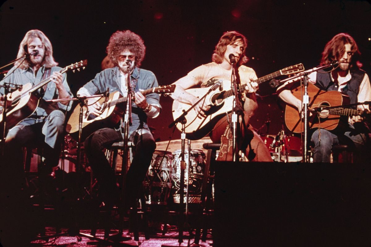 Rock band Eagles perform on Don Kirschner's Rock Concert, 1979. Left to right: Don Felder, Don Henley, Joe Walsh, Glenn Frey