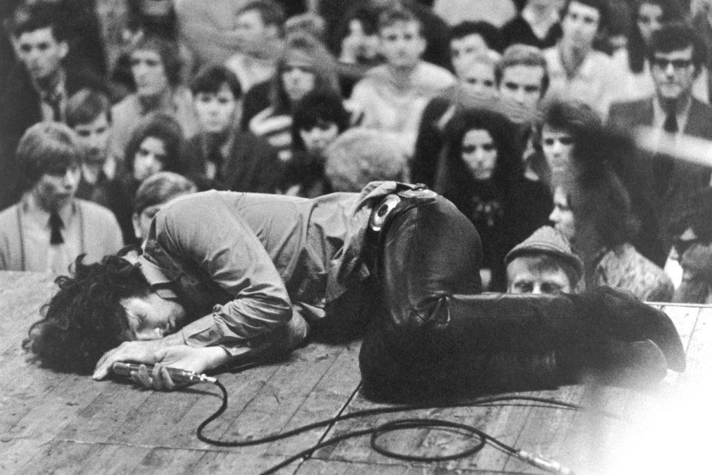 Jim Morrison of The Doors performs live on stage at the Kongresshalle on September 14 1968 in Frankfurt, West Germany