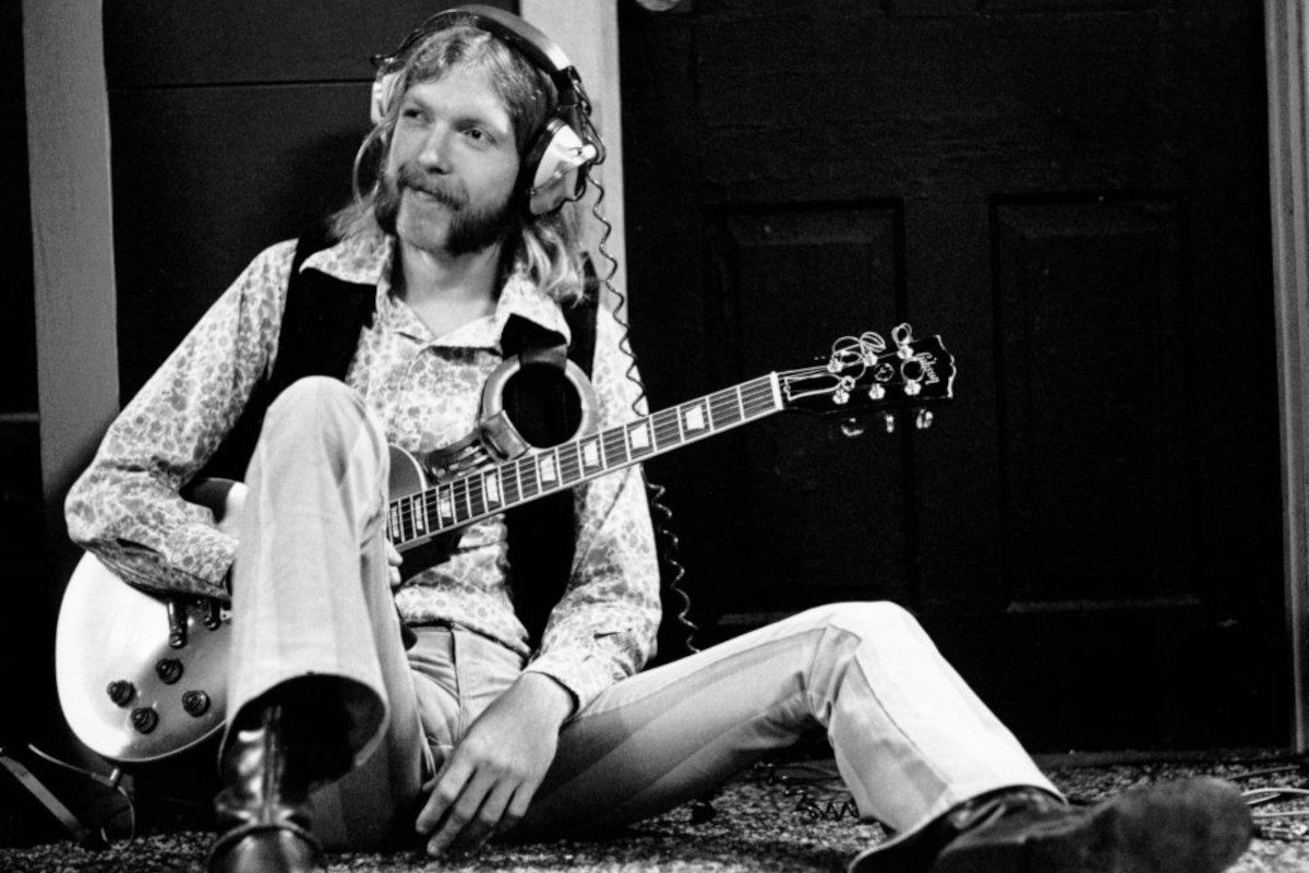 Duane Allman of the Allman Brothers recording in the studio with a Gibson Les Paul electric guitar in October 1969