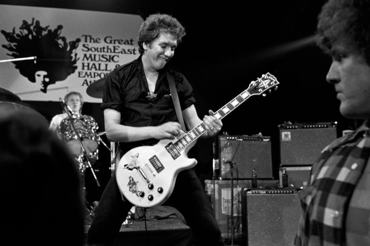 Steve Jones of the Sex Pistols performing at The Great Southeast Music Hall on January 5, 1978