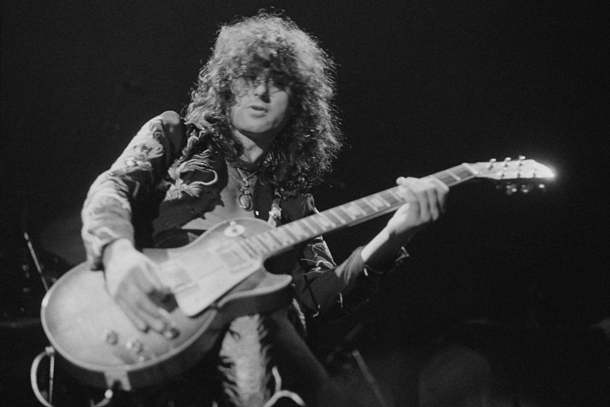 Jimmy Page performing with Led Zeppelin, at Earl's Court, London, May 1975