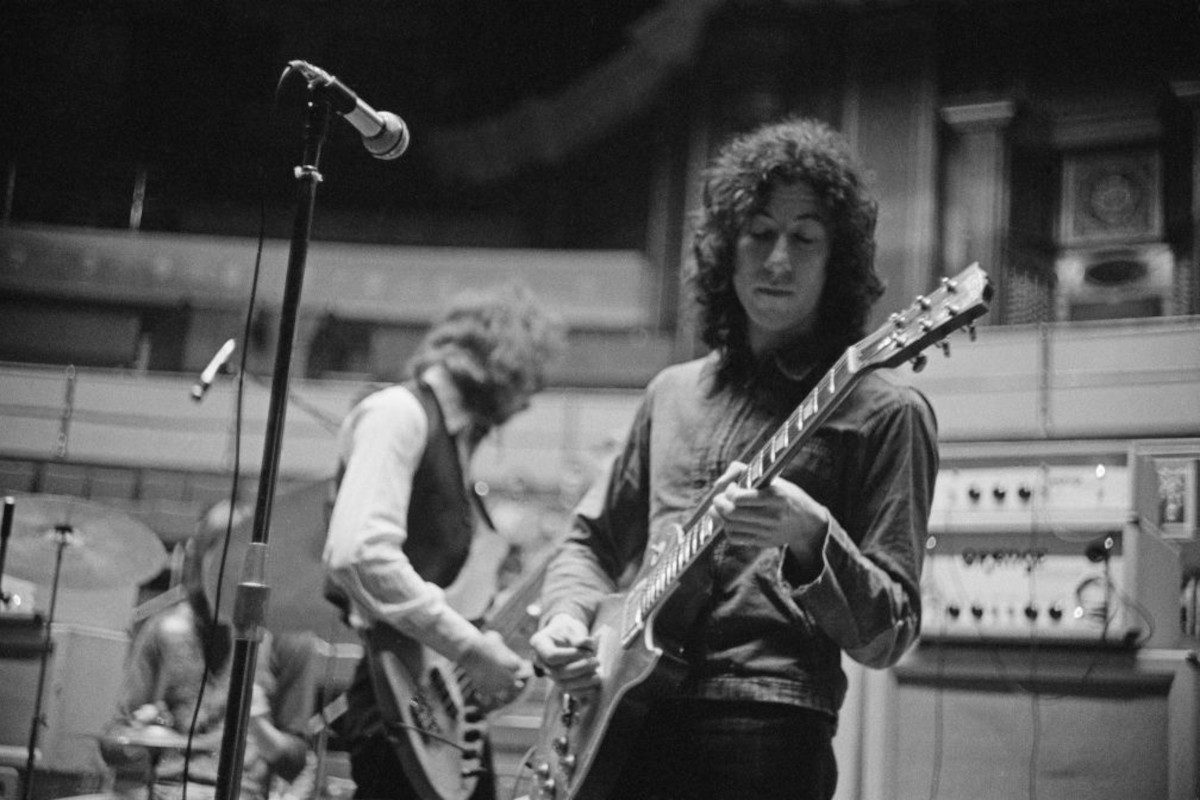 Peter Green (right) and John McVie, of Fleetwood Mac, rehearsing at the Royal Albert Hall, London, 22nd April 1969