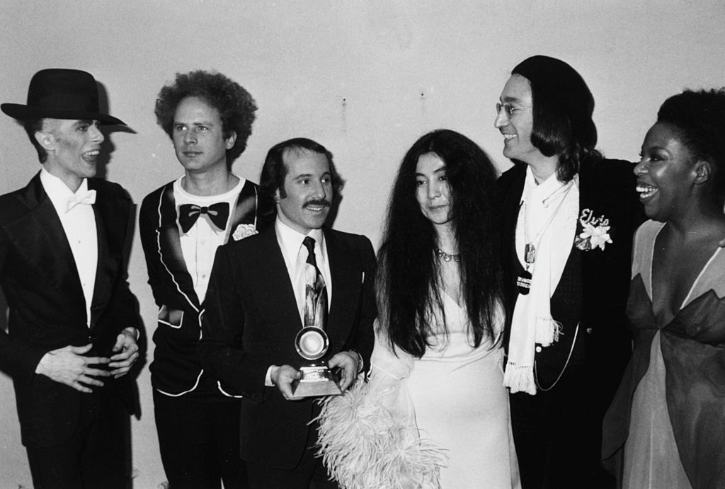 Musicians (L-R) David Bowie, Art Garfunkel, Paul Simon, Yoko Ono, John Lennon and Roberta Flack, attending the Grammy Awards at the Uris Theater, New York, March 1 1975