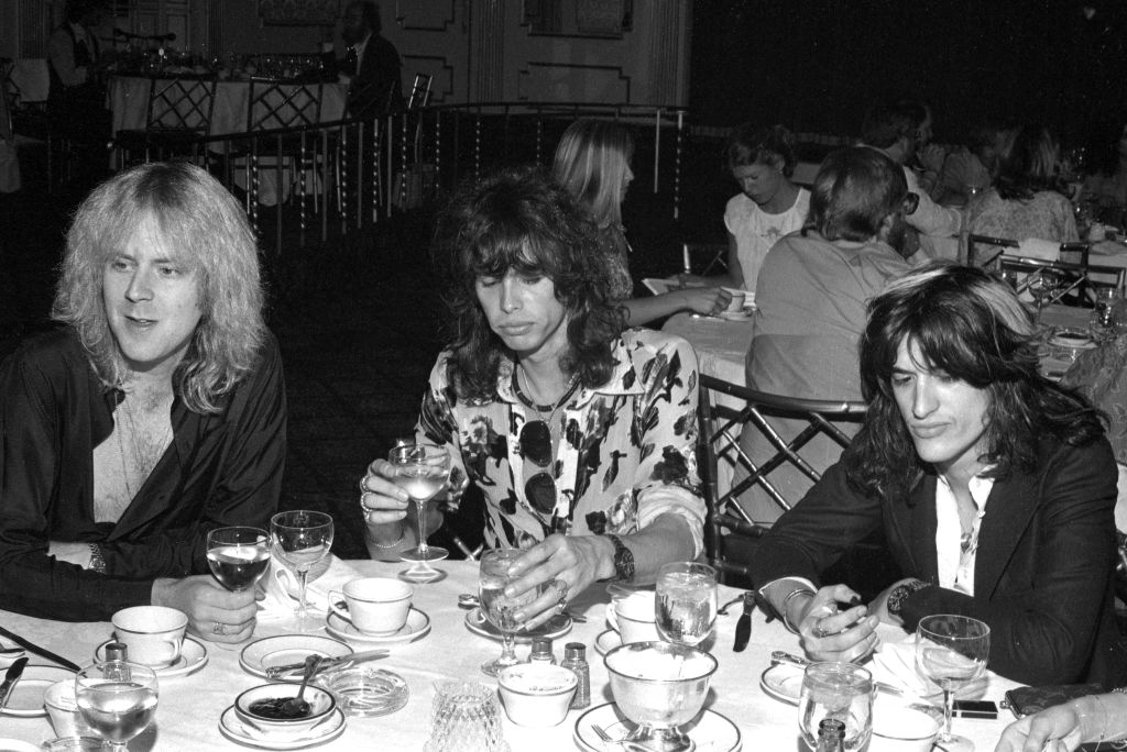 Tom Hamilton, Steven Tyler and Joe Perry of Aerosmith at the press conference before the premiere of Sgt. Pepper's Club Band at the Beverly Wilshire Hotel in Beverly Hills, July 16, 1978