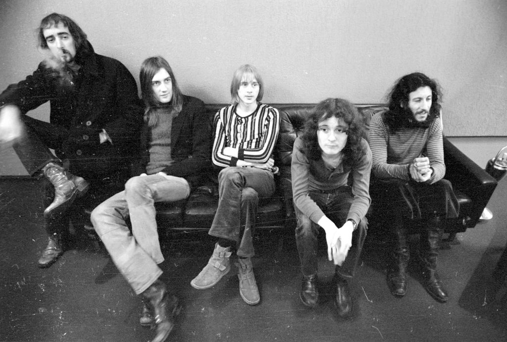 John McVie, Mick Fleetwood, Danny Kirwan, Jeremy Spencer and Peter Green of Fleetwood Mac, March 21, 1970, Los Angeles