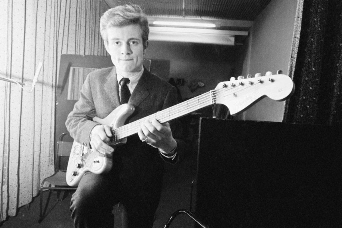 John Paul Jones posing with his Fender Bass VI guitar, circa 1965
