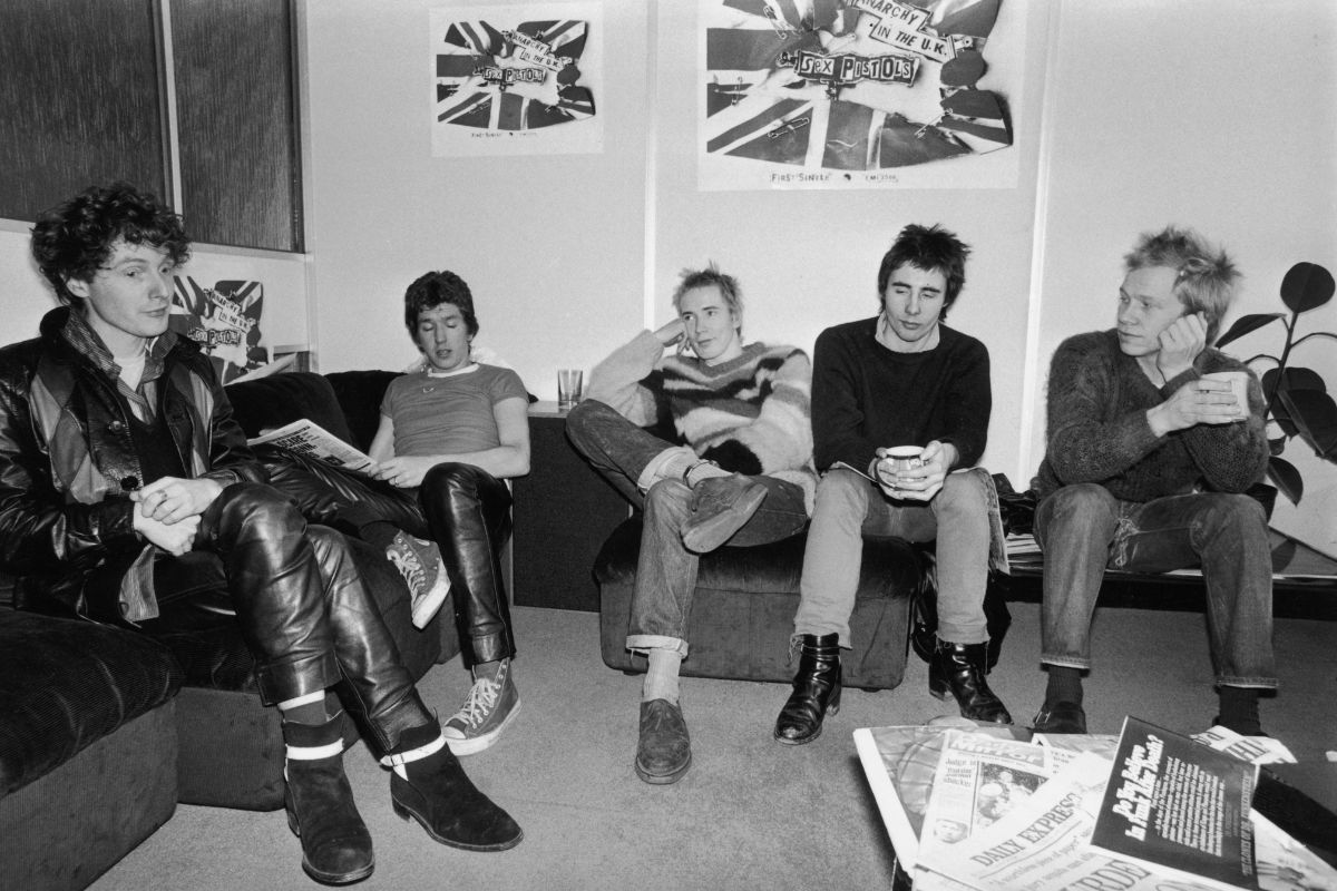 The Sex Pistols at the EMI studios, 2nd December 1976. From left to right, manager Malcolm McLaren, Steve Jones, Johnny Rotten (John Lydon), Glen Matlock and Paul Cook