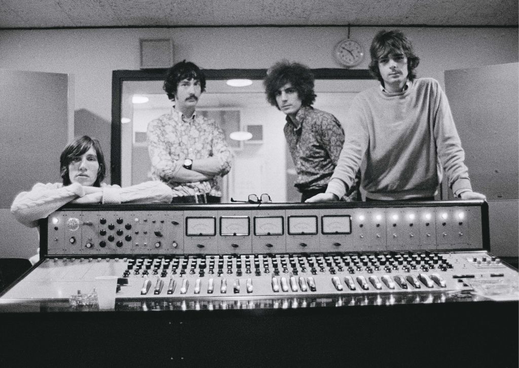 Pink Floyd during the making of their debut album The Piper at the Gates of Dawn, spring 1967. L-R: Roger Waters, Nick Mason, Syd Barrett, Rick Wright