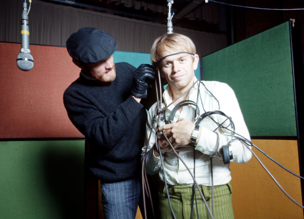 Beach Boys Mike Love (L) and Al Jardine goof around while recording the never released album 'Smile', Los Angeles, 1967