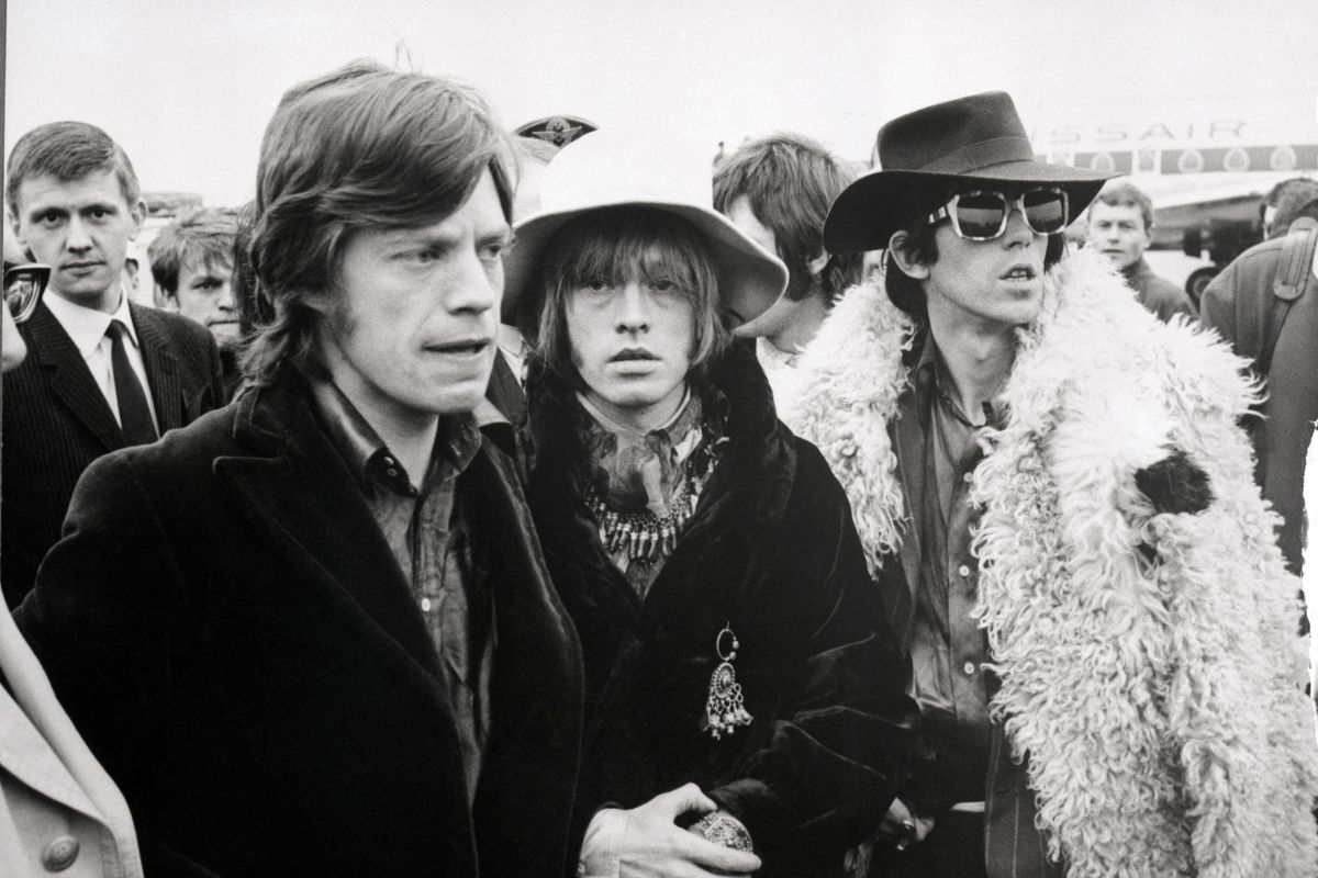 Rolling Stones members Mick Jagger, Brian Jones and Keith Richards arriving at Zurich Airport, September 1967