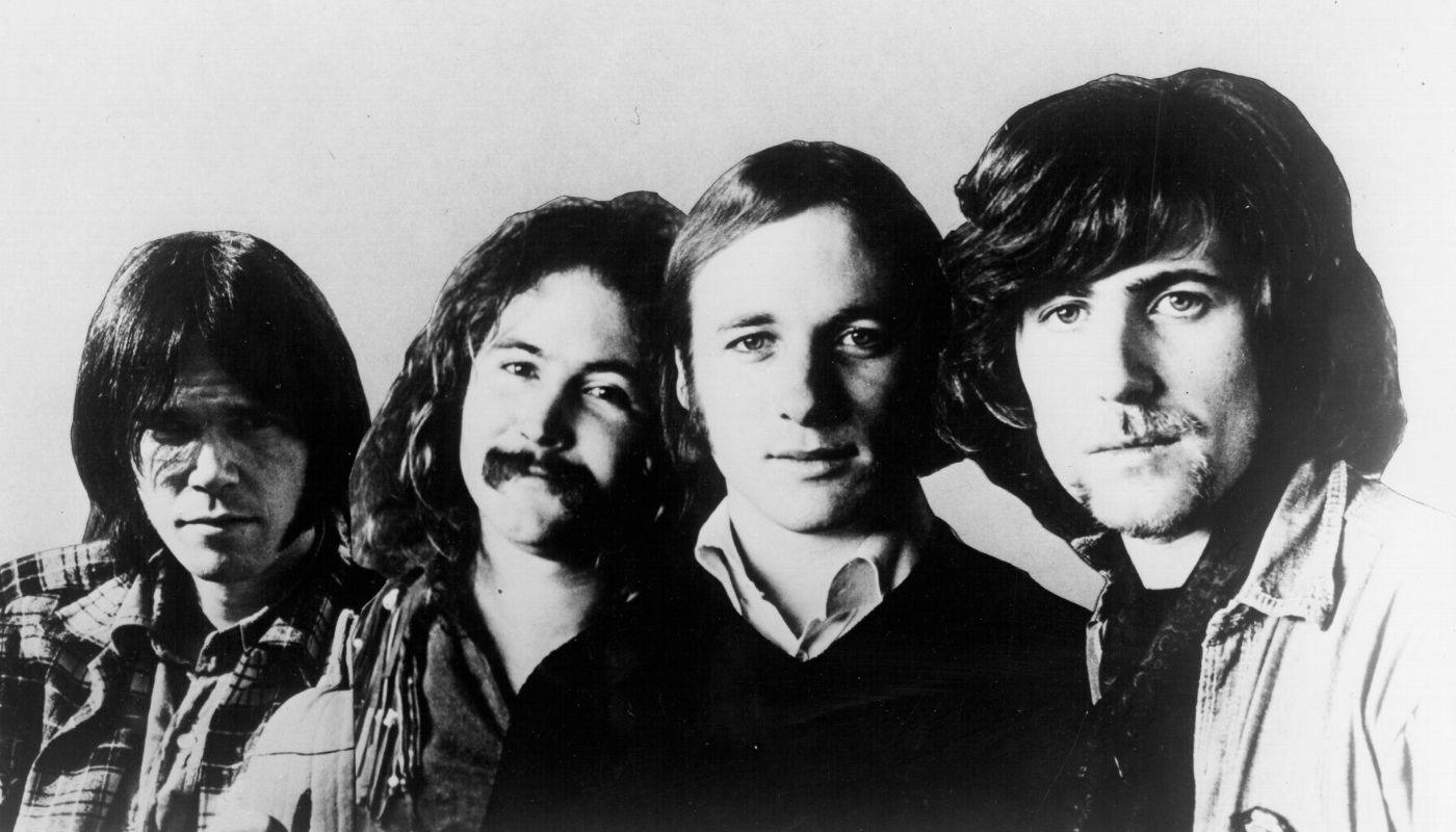 L-R Neil Young, David Crosby, Stephen Stills and Graham Nash of Crosby, Stills, Nash and Young pose for a composite publicity photo circa 1970.