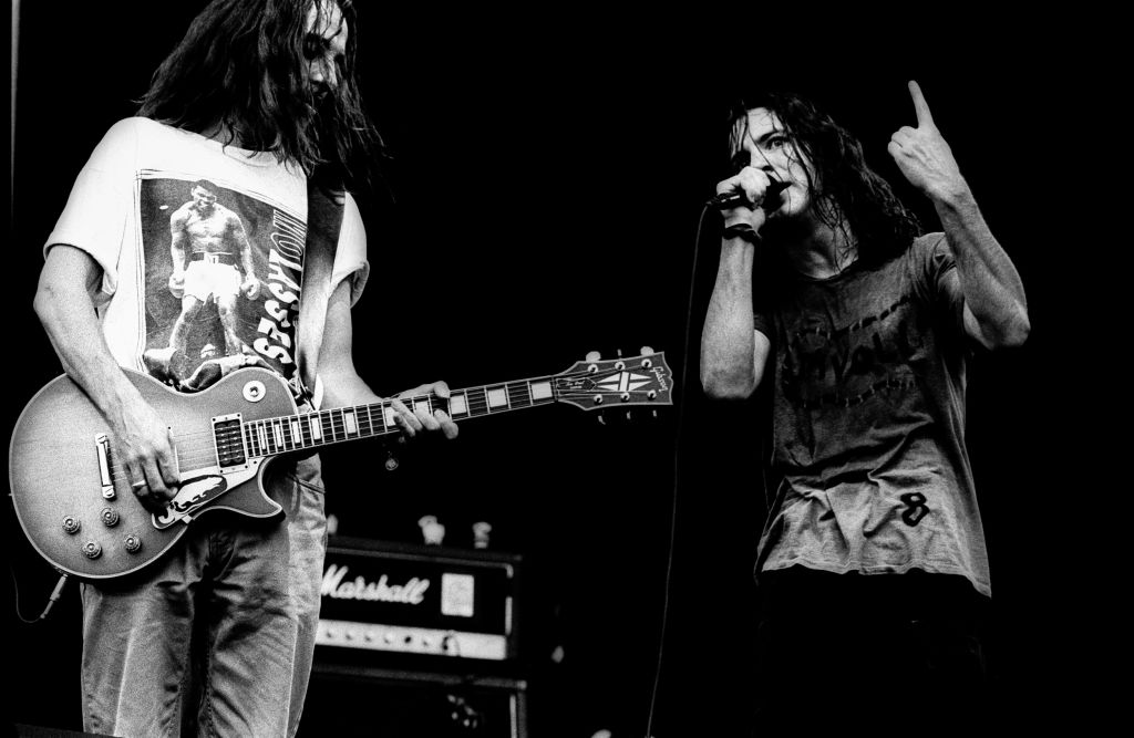 Eddie Vedder (R) and Stone Gossard of Pearl Jam on stage at Pinkpop festival, Netherlands, May 8, 1992
