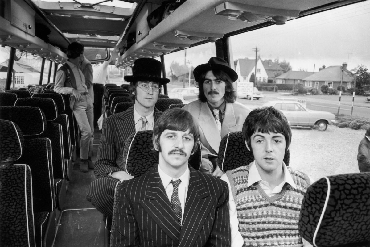 The Beatles travelling by coach to the West Country for location work on 'The Magical Mystery Tour' film, 12 September 1967