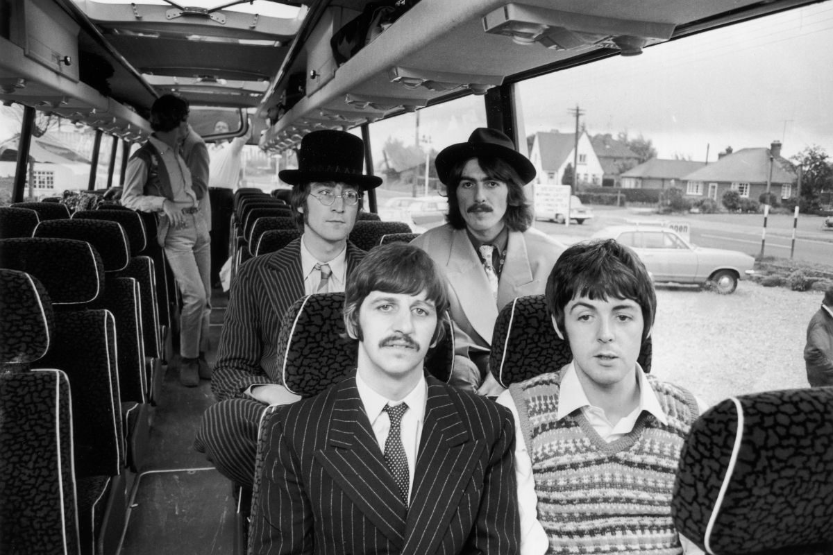 The Beatles travelling by coach to the West Country for location work on 'The Magical Mystery Tour' film, 12 September 1967