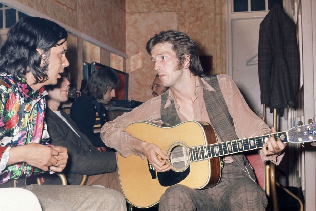 Eric Clapton (right) and Bobby Whitlock (left) of Derek and The Dominos, backstage before the band's live debut at the Lyceum Theatre, London, 14th June 1970