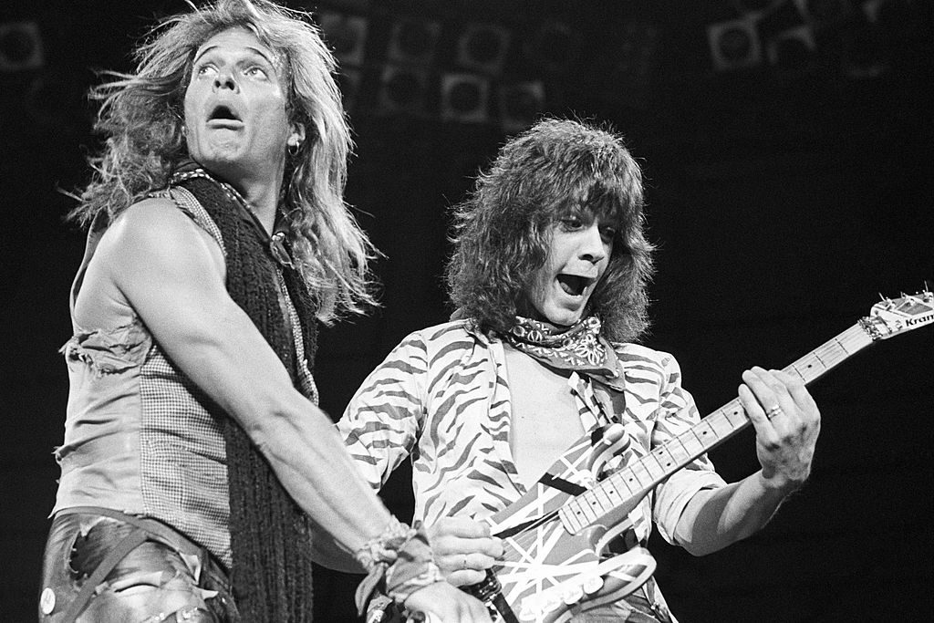 David Lee Roth and Eddie Van Halen, of the group Van Halen, perform at Nassau Coliseum, Uniondale, New York, circa 1984.
