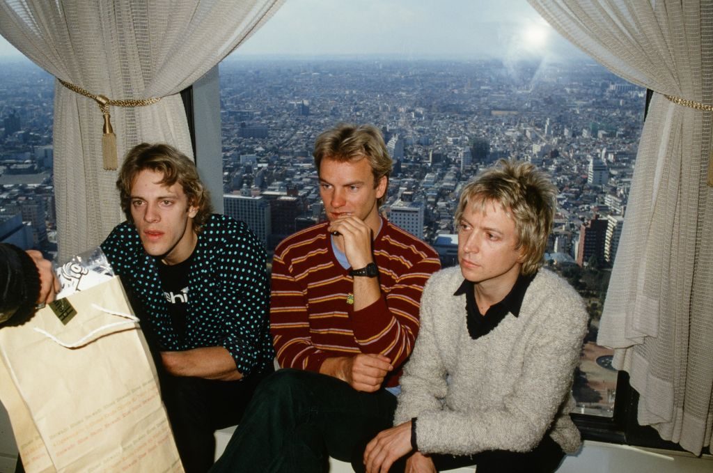 The Police looking pensive at a hotel in Tokyo, 17 February 1980. L-R Stewart Copeland, Sting, Andy Summers