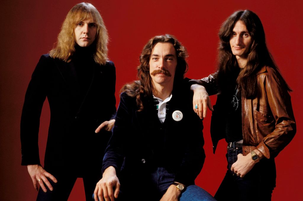 Rush, Canadian rock band, 1978. L-R: Alex Lifeson, Neil Peart, Geddy Lee