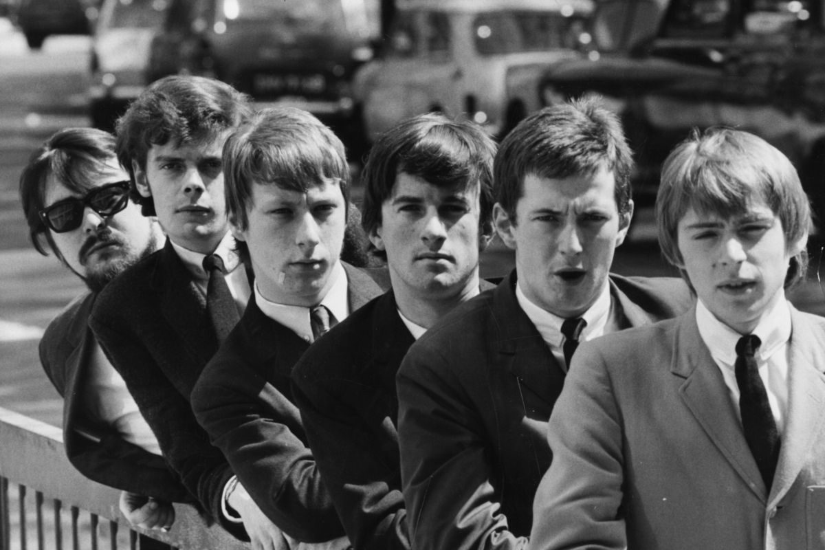 The Yardbirds, early 1965. L-R: Manager Giorgio Gomelsky, Paul Samwell-Smith, Chris Dreja, Jim McCarty, Eric Clapton and Keith Relf