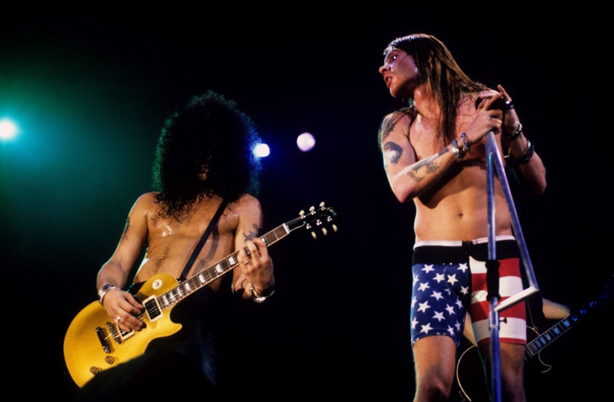 Guns N Roses Perform Live At Rock In Rio II, January 15 1991. L-R Slash, Axl Rose