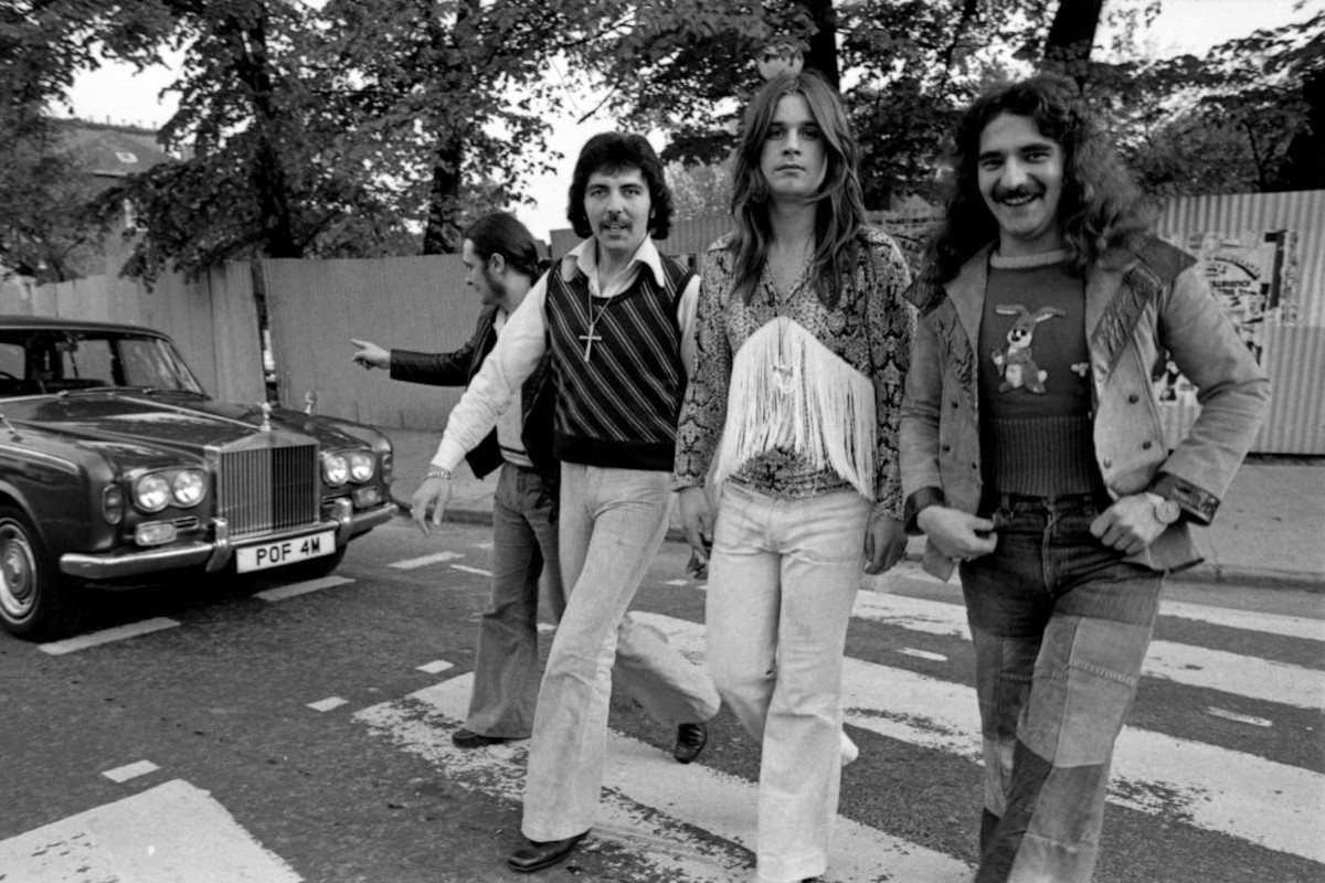 Black Sabbath: L-R Bill Ward, Tony Iommi, Ozzy Osbourne, and Geezer Butler crossing the road, 1975 in London