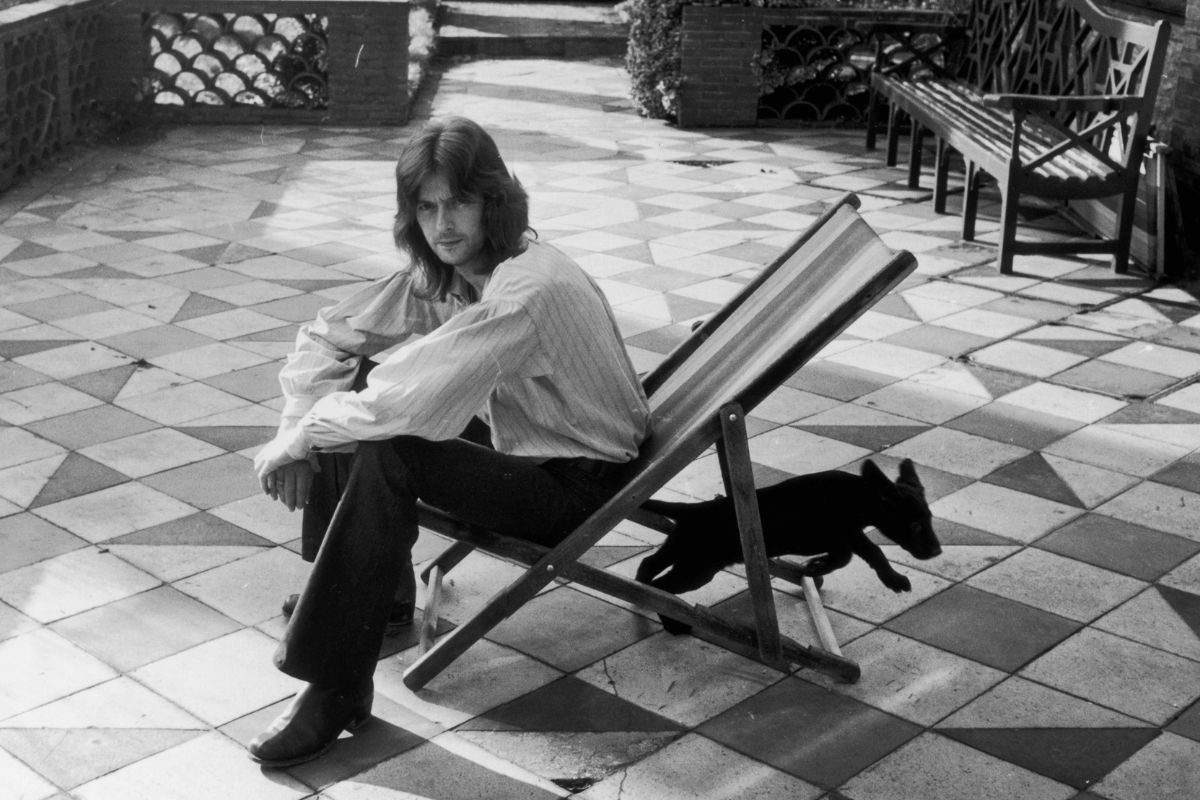 Rock guitarist Eric Clapton and his dog Jeep, at home in Ewhurst, Surrey, 1971