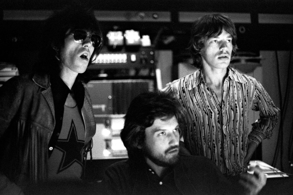 Rolling Stones - Keith Richard and Mick Jagger in the recording studio with producer Jimmy Miller, 1971