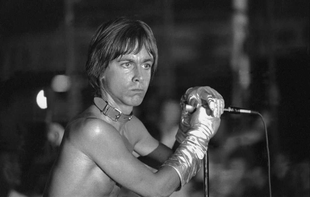 Iggy Pop wearing a dog collar on stage with The Stooges at the Cincinnati Pop Festival, 13 June 1970