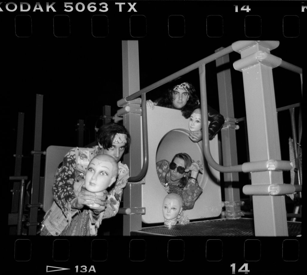 Daisy Berkowitz, Singer Marilyn Manson and Gidget Gein of The Spooky Kids pose for photos on a school playground circa 1990 in Ft. Lauderdale, Florida