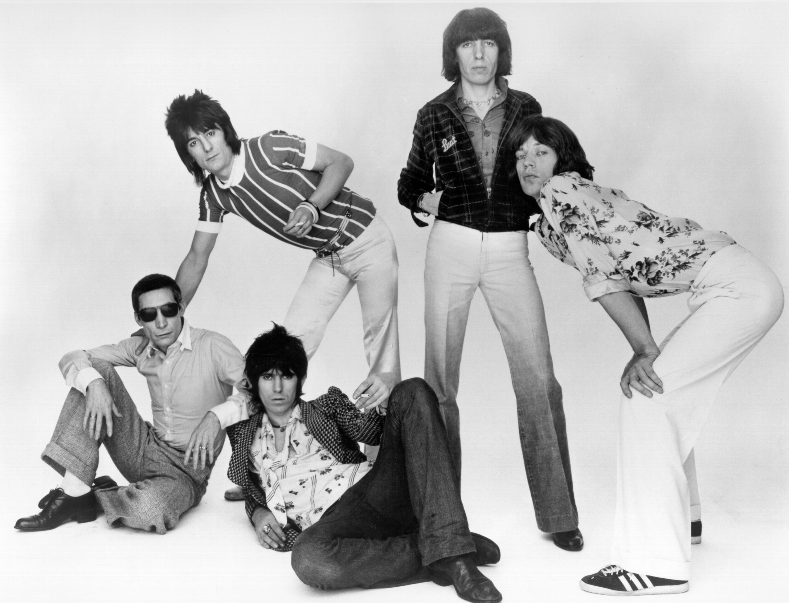 Rolling Stones, June 1976. L-R Charlie Watts, Keith Richards, Ron Wood, Bill Wyman, Mick Jagger