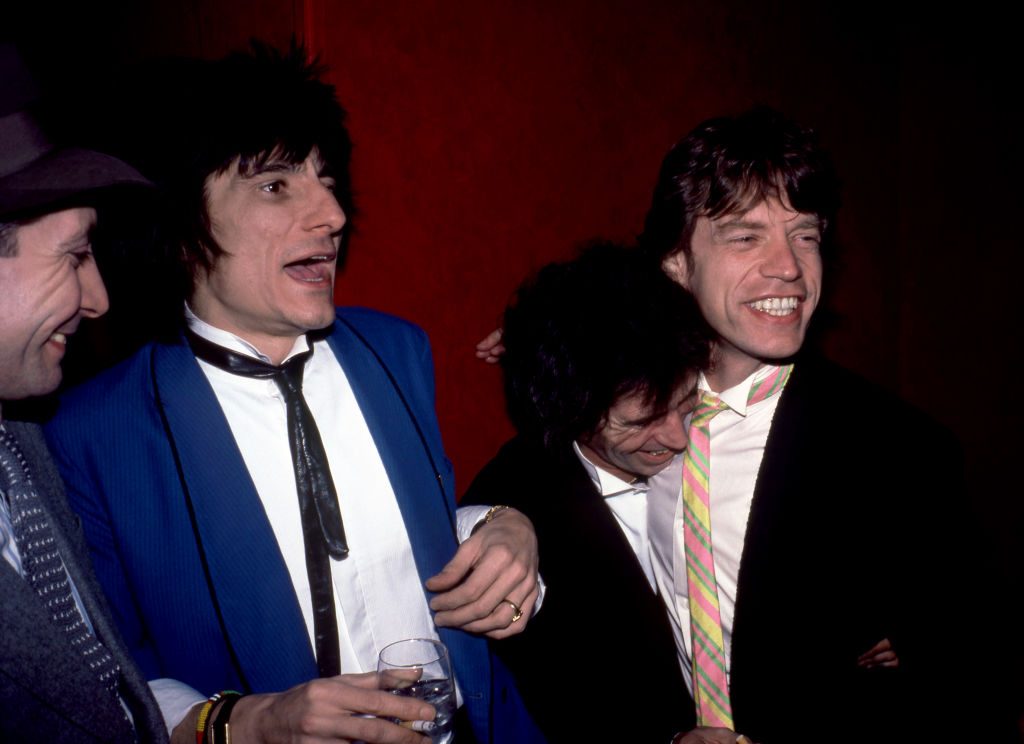 Charlie Watts, Ronnie Wood, Keith Richards and Mick Jagger at the opening of their new movie 'Let's Spend the Night Together, New York, January 18, 1983