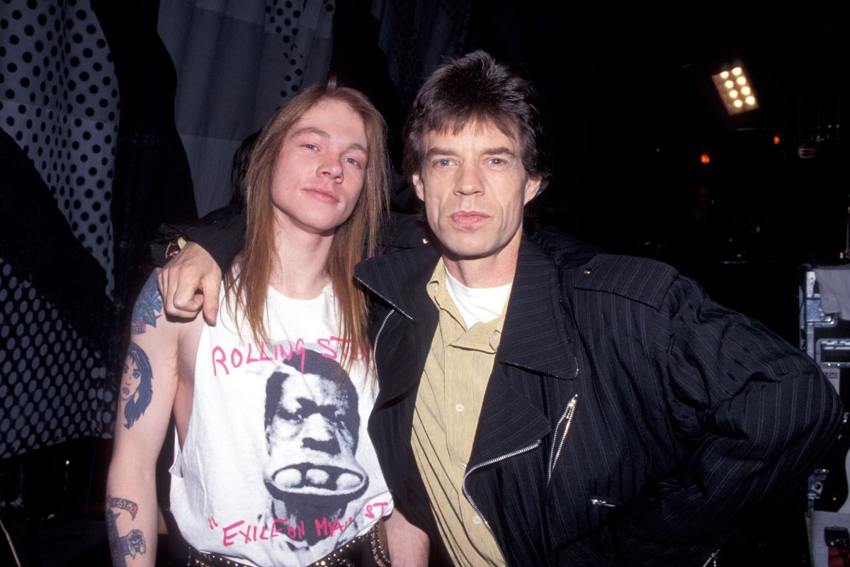 Axl Rose with Mick Jagger on the Rolling Stones’ Steel Wheels tour, 1989