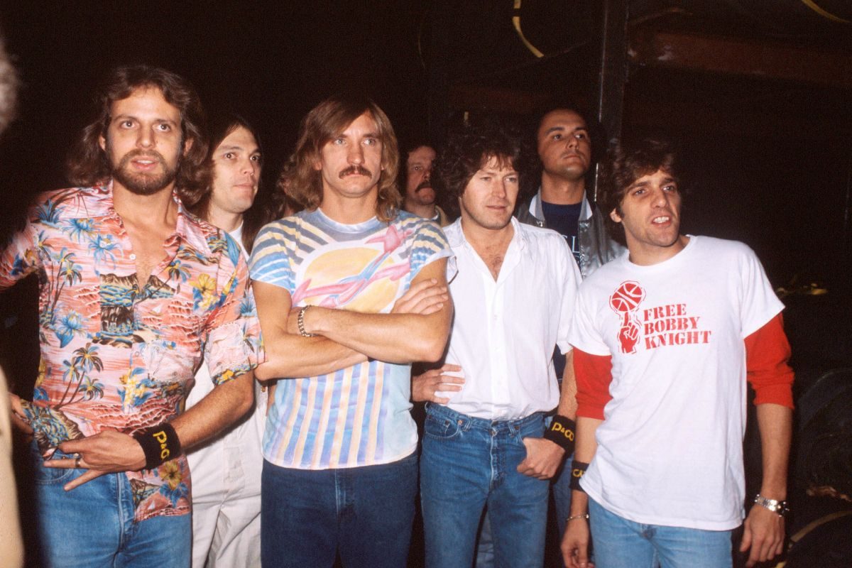 Eagles backstage in New York, October 1979. L-R Don Felder, Timothy B Schmit, Joe Walsh, Don Henley, Glenn Frey